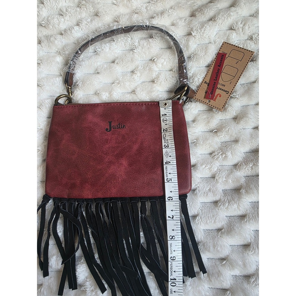 Justin Convertible Bag Leopard Print Burgundy Fringe Shoulder Bag Wristlet NEW - Picture 7 of 9